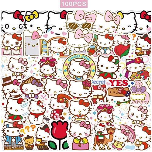 Lanseede 100pcs Pegatinas de Hello Kitty japonés Sanrio Kawaii Pegatinas estéticas Pegatinas de Vinilo para Botellas de Agua monopatín portátil Paquetes de Pegatinas Impermeables