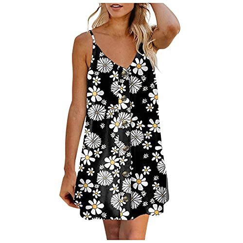 Laoluo - Vestido sin mangas para mujer, diseño floral con tirantes para verano, bohemio, elegante, mini vestido de playa con botones en la parte delantera amplia estampada de girasol 2021 1 negro. L