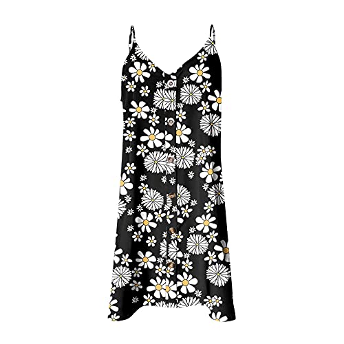 Laoluo - Vestido sin mangas para mujer, diseño floral con tirantes para verano, bohemio, elegante, mini vestido de playa con botones en la parte delantera amplia estampada de girasol 2021 1 negro. L