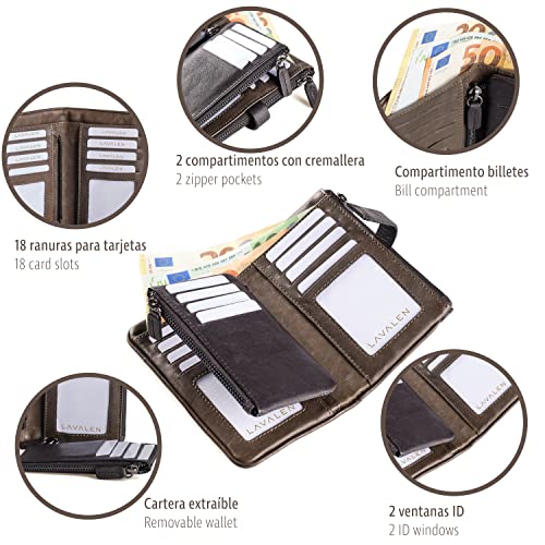 💎 Lavalen® Cartera Cuero Mujer Joven Monedero Piel Auténtica Suave Tarjetero de Gran Capacidad con Sistema Antirrobo RFID Billetera Hecha a Mano Perfecta para Regalo.