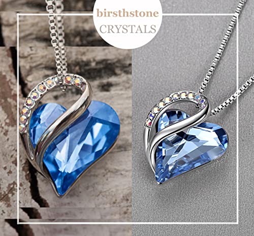 Leafael Infinity Collar con colgante de corazón de amor, azul zafiro claro, marzo, diciembre, piedra natal, joyería de cristal, regalos para mujeres, tono plateado, 18 "+2"