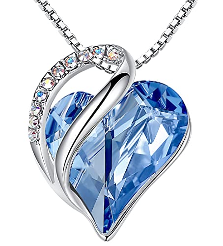 Leafael Infinity Collar con colgante de corazón de amor, azul zafiro claro, marzo, diciembre, piedra natal, joyería de cristal, regalos para mujeres, tono plateado, 18 "+2"