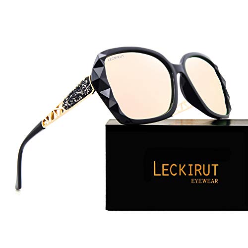 LECKIRUT Mujer Sombras Grande Clásico Polarizadas Gafas de Sol 100% UV Protección Gafas Protectoras Negro Marco/Rosado Lente