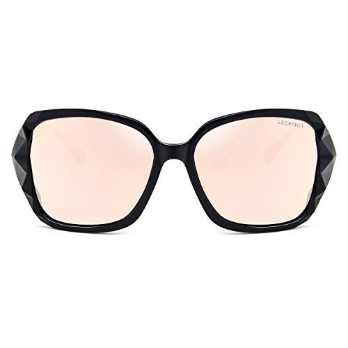 LECKIRUT Mujer Sombras Grande Clásico Polarizadas Gafas de Sol 100% UV Protección Gafas Protectoras Negro Marco/Rosado Lente