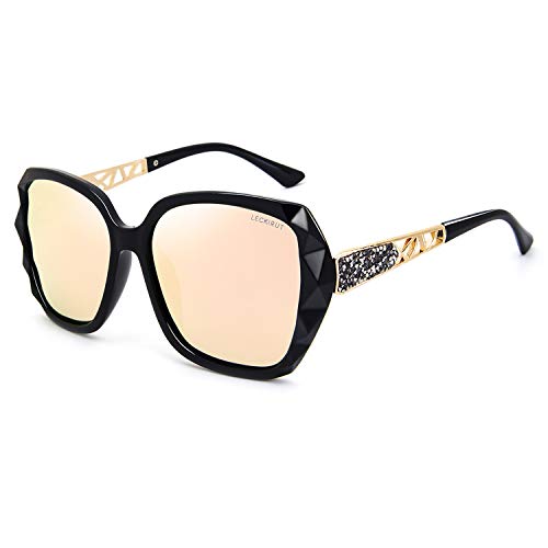LECKIRUT Mujer Sombras Grande Clásico Polarizadas Gafas de Sol 100% UV Protección Gafas Protectoras Negro Marco/Rosado Lente