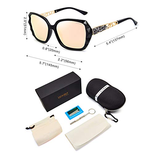 LECKIRUT Mujer Sombras Grande Clásico Polarizadas Gafas de Sol 100% UV Protección Gafas Protectoras Negro Marco/Rosado Lente