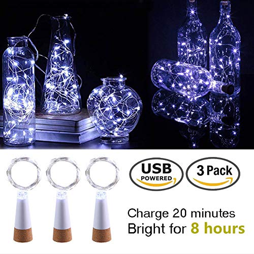 LED Luces para Botellas, USB Recargable No Requiere Batería, 2M 20 LED Iluminación de Interior, Guirnaldas luminosas para Navidad Regalo, Halloween Partido Boda Decoración (Blanco Frio, 3 Piezas)