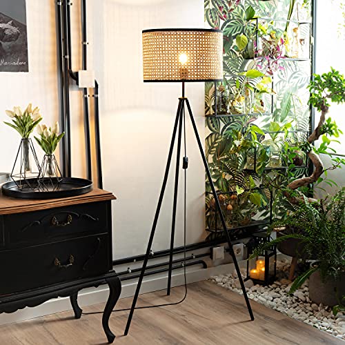 LEDKIA LIGHTING Lámpara de Pie Huela 1450xØ380 mm Natural E27 Casquillo Gordo Ratán - Téxtil - Metal Decoración Salón, Habitación, Dormitorio