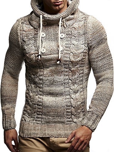 Leif Nelson Los Hombres del Jersey de Punto suéter Encapuchado LN-20227 Beige X-Large