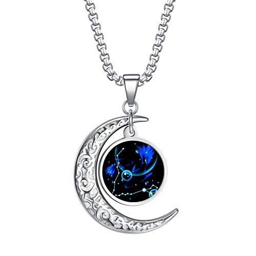 LEJAHAO Constelaciones Collar Piscis Los Signos del Zodiaco con Colgante Luna Horoscopo Personalizado Largos Gargantilla Cadenas Moon Necklace Joyas Acero Inoxidable por Hombres Mujeres Chico Niña