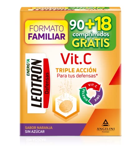 LEOTRON Vitamina C | Complemento Alimenticio | Fatiga | Cansancio | Angelini | 90+18 Comprimidos Efervescentes