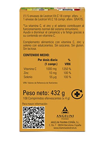 LEOTRON Vitamina C | Complemento Alimenticio | Fatiga | Cansancio | Angelini | 90+18 Comprimidos Efervescentes