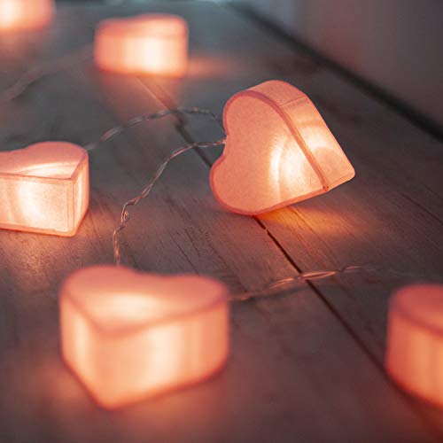 Lights4fun - Cadena de Luces a Pilas con 10 LED Blanco Cálido con Corazones de Papel Rosa