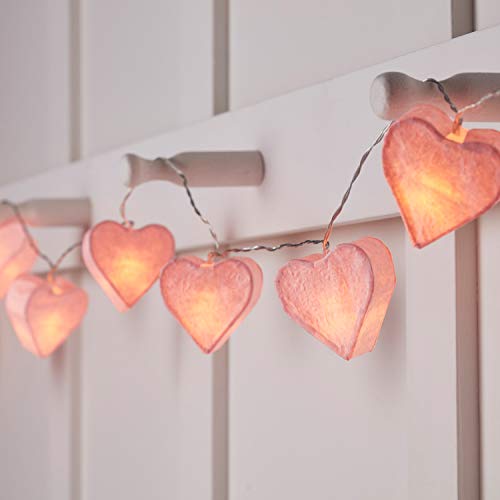 Lights4fun - Cadena de Luces a Pilas con 10 LED Blanco Cálido con Corazones de Papel Rosa