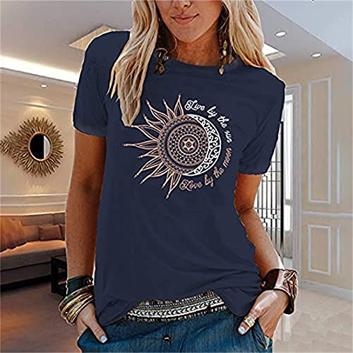Lilygodx Camisetas Mujer Originales Baratas Camisetas de Vestir Mujer Verano Tallas Grandes Manga Corta Top Deportivo Mujer Fitness Cuello Redondo Absorbente Sudor Transpirable (Armada, XXL)