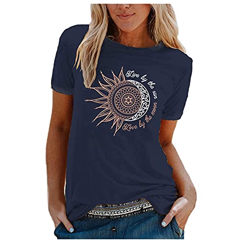 Lilygodx Camisetas Mujer Originales Baratas Camisetas de Vestir Mujer Verano Tallas Grandes Manga Corta Top Deportivo Mujer Fitness Cuello Redondo Absorbente Sudor Transpirable (Armada, XXL)