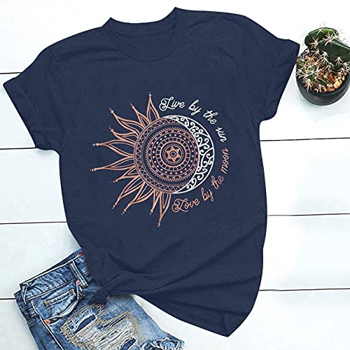 Lilygodx Camisetas Mujer Originales Baratas Camisetas de Vestir Mujer Verano Tallas Grandes Manga Corta Top Deportivo Mujer Fitness Cuello Redondo Absorbente Sudor Transpirable (Armada, XXL)