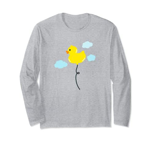Lindo pequeño amarillo goma pato pato globo y nubes Manga Larga