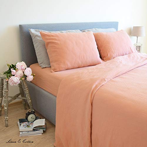 Linen & Cotton Juego de Ropa de Cama Alicia de Puro Lino - 100% Lino Lavado A La Piedra, 140 x 200cm (Single), Rosa Coral