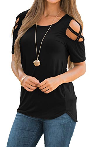 LIOFOER Blusa para mujer con tirantes sueltos y hombros descubiertos de manga corta, Negro, Small