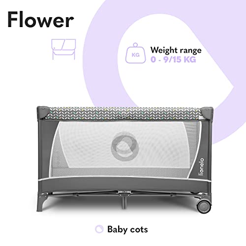 Lionelo Flower Camita de viaje 2 en 1 65 x 125 x 76 cm Para niños hasta 15 kg Colchón Organizador Cambiador Toy bar Juguetes interactivos 2 Reudas Compacta Bolsa para transportar Gris