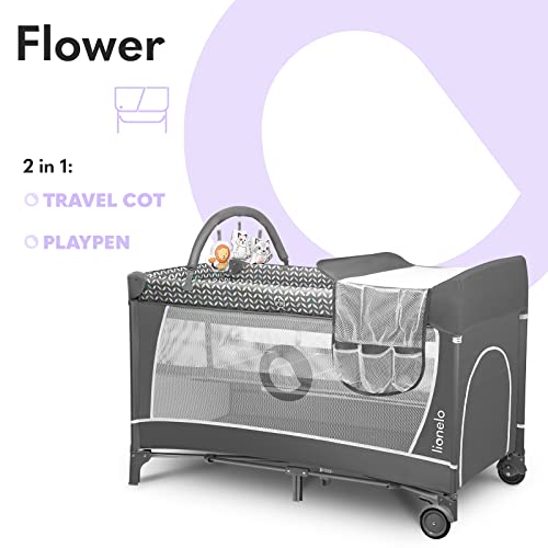 Lionelo Flower Camita de viaje 2 en 1 65 x 125 x 76 cm Para niños hasta 15 kg Colchón Organizador Cambiador Toy bar Juguetes interactivos 2 Reudas Compacta Bolsa para transportar Gris