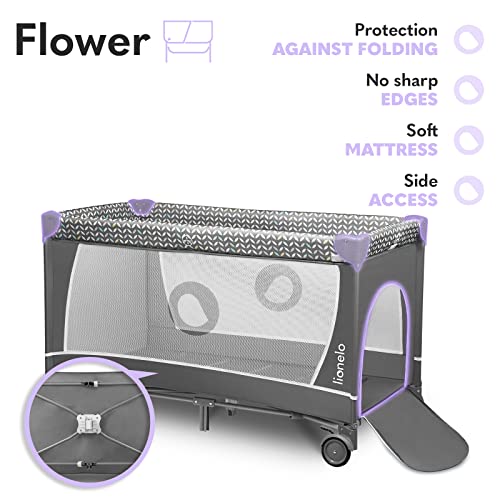 Lionelo Flower Camita de viaje 2 en 1 65 x 125 x 76 cm Para niños hasta 15 kg Colchón Organizador Cambiador Toy bar Juguetes interactivos 2 Reudas Compacta Bolsa para transportar Gris