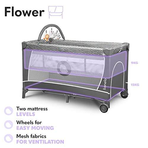 Lionelo Flower Camita de viaje 2 en 1 65 x 125 x 76 cm Para niños hasta 15 kg Colchón Organizador Cambiador Toy bar Juguetes interactivos 2 Reudas Compacta Bolsa para transportar Gris