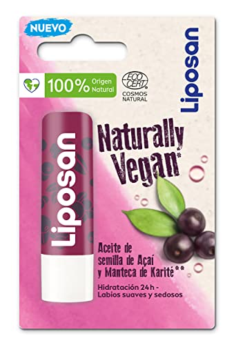 Liposan Naturally Vegan Acai Berry (1 x 4,8 g), bálsamo labial con aceite de açaí y manteca de karité, cacao de labios con fórmula vegana, bálsamo hidratante rosa