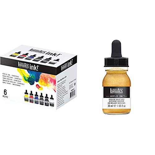 Liquitex Ink Pack de 6 tintas acrílicas extrafinas, Essentials Set, 30 ml + Tinta Acrílica Ink Profesional Frasco 30 ml, Oro Iridiscente, Dorado