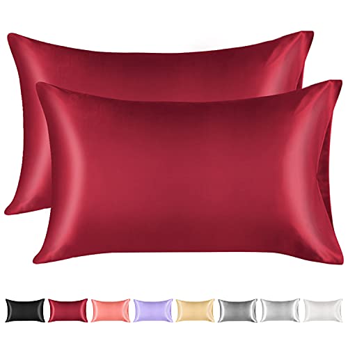 Lirex 2 Paquetes Funda Almohada Seda, Queen Size Microfibra de Color Sólido Suave Funda de Almohada de Seda, Sin Arrugas Resistente a la Decoloración Respirable, Vino Rojo
