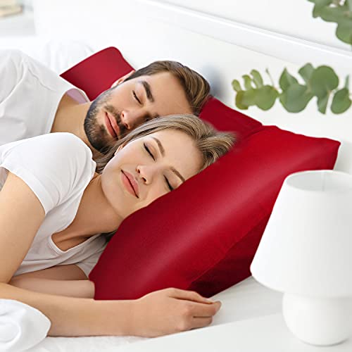 Lirex 2 Paquetes Funda Almohada Seda, Queen Size Microfibra de Color Sólido Suave Funda de Almohada de Seda, Sin Arrugas Resistente a la Decoloración Respirable, Vino Rojo