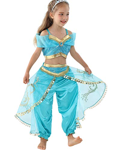 Lito Angels Disfraz de Princesa Jasmine para Niña con Capa Vestido de Jazmin Talla 6 a 7 Años Verde Azulado, Estilo A