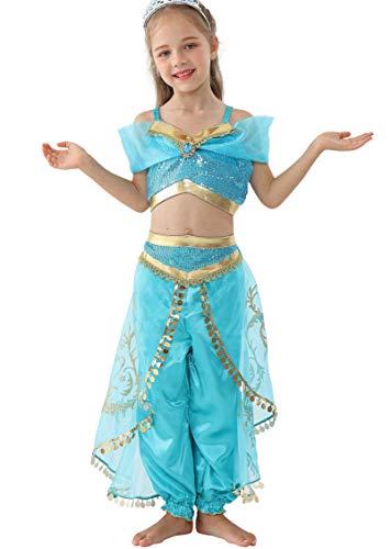 Lito Angels Disfraz de Princesa Jasmine para Niña con Capa Vestido de Jazmin Talla 6 a 7 Años Verde Azulado, Estilo A