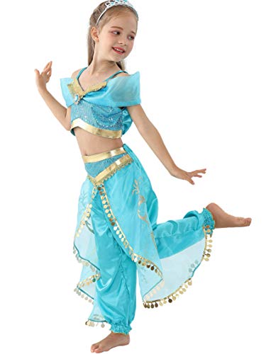 Lito Angels Disfraz de Princesa Jasmine para Niña con Capa Vestido de Jazmin Talla 6 a 7 Años Verde Azulado, Estilo A