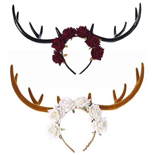 liuchenmaoyi Halloween Forest Elk Largo asta de asta Velvet Rose Flower Guirnalda Hoop Hoop Casquerade Partido Christmas Tocado (Color : Red)