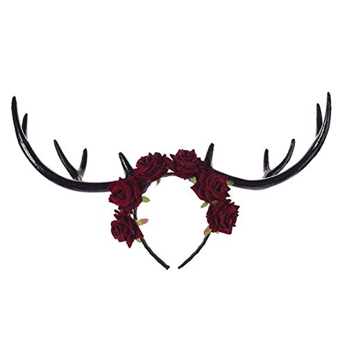 liuchenmaoyi Halloween Forest Elk Largo asta de asta Velvet Rose Flower Guirnalda Hoop Hoop Casquerade Partido Christmas Tocado (Color : Red)