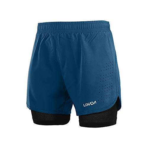 Lixada Hombres Pantalónes Cortos de Running 2-en-1, Pantalones Cortos de Atletismo, Pantalones Cortos de Fitness Maratón, Transpirable Pantalones+Secado Rápido (Azul Oscuro, M)