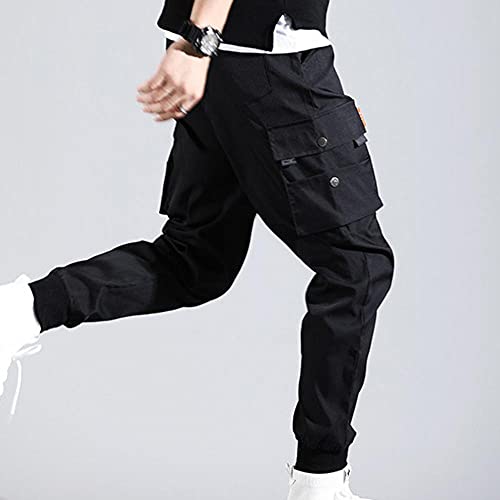 LKHJ Hombres Pantalones Hip Hop Harem Joggers Pantalones Pantalones Masculinos Hombre Sólido Pantalones de Carga Multi-Pantalones Skinny Fit Sweetpants-Negro_SG