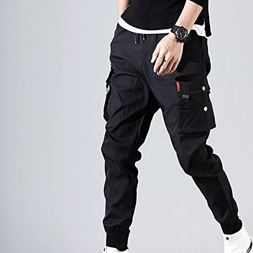 LKHJ Hombres Pantalones Hip Hop Harem Joggers Pantalones Pantalones Masculinos Hombre Sólido Pantalones de Carga Multi-Pantalones Skinny Fit Sweetpants-Negro_SG