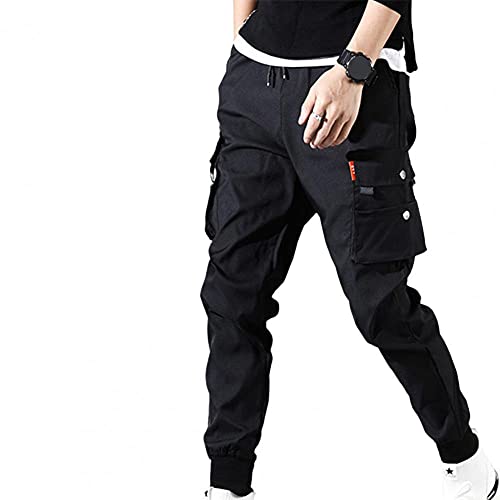 LKHJ Hombres Pantalones Hip Hop Harem Joggers Pantalones Pantalones Masculinos Hombre Sólido Pantalones de Carga Multi-Pantalones Skinny Fit Sweetpants-Negro_SG
