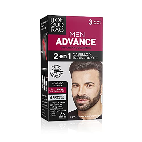 Llongueras Men Advance Tinte de Cabello Hombre, 2 en 1 Cabello, Barba y Bigote (#3 Castaño Oscuro)