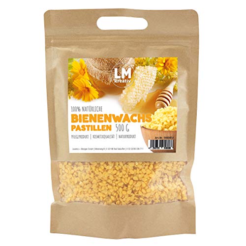 Lm Cera de abeja en pastillas, 500 g, color amarillo, cera de abeja natural adecuada para cosméticos, cera de abejas, fabricación de velas y cuidado de piel y madera