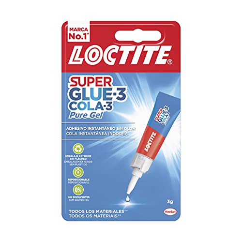Loctite Super Glue-3 Pure Gel, cola transparente y resistente, pegamento extrafuerte en gel que no pega los dedos inmediatamente, adhesivo reposicionable , 1 x 3 g, tubo