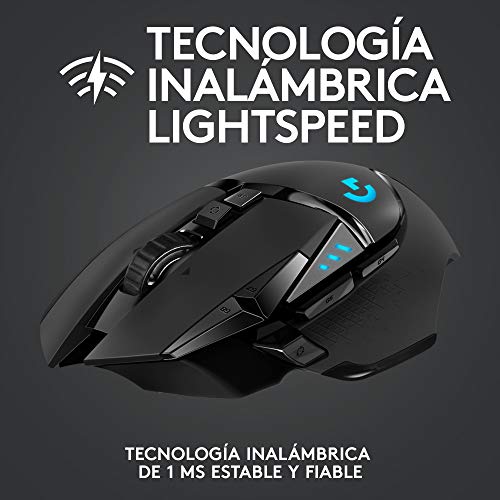 Logitech G502 LIGHTSPEED Ratón Gaming Inalámbrico, Captor HERO 25K, 25,600 DPI, RGB, Peso Reducido, 11 Botones Programables, Batería Larga Duración, POWERPLAY-compatibile, PC - Negro