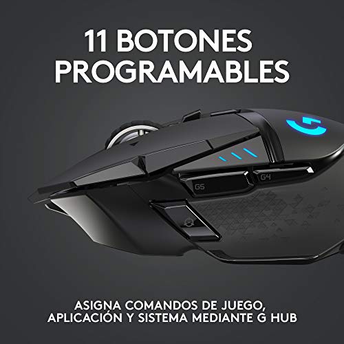 Logitech G502 LIGHTSPEED Ratón Gaming Inalámbrico, Captor HERO 25K, 25,600 DPI, RGB, Peso Reducido, 11 Botones Programables, Batería Larga Duración, POWERPLAY-compatibile, PC - Negro
