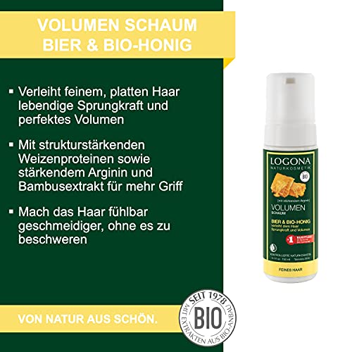 LOGONA Naturkosmetik Espuma de volumen de cerveza y miel orgánico, aporta un rebote vivo al cabello fino y liso, volumen óptimo, 150 ml