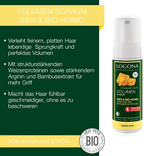LOGONA Naturkosmetik Espuma de volumen de cerveza y miel orgánico, aporta un rebote vivo al cabello fino y liso, volumen óptimo, 150 ml