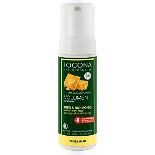 LOGONA Naturkosmetik Espuma de volumen de cerveza y miel orgánico, aporta un rebote vivo al cabello fino y liso, volumen óptimo, 150 ml