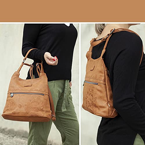 Lois - Bolso Mochila Mujer Casual Antirrobo Pequeña con Estampado Bordado. Bolso Piel PU Impermeable y Bordada. Cómoda y Ligera. De Marca LOIS Elegante, Moderna y Funcional 302677, Color Camel